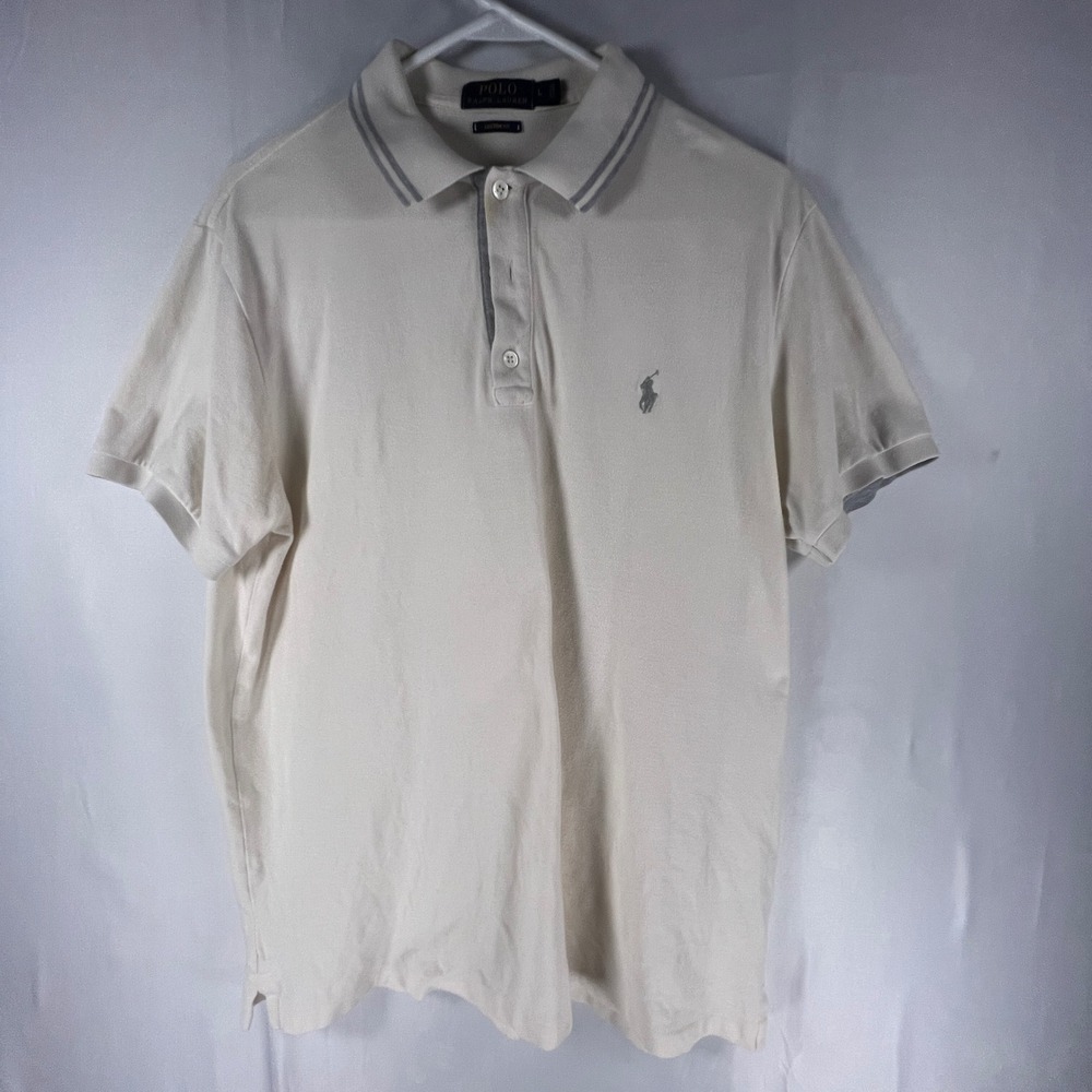 Polo Ralph Lauren Mens Custom Fit Polo Shirt Cream Grey Tipped Collar Large